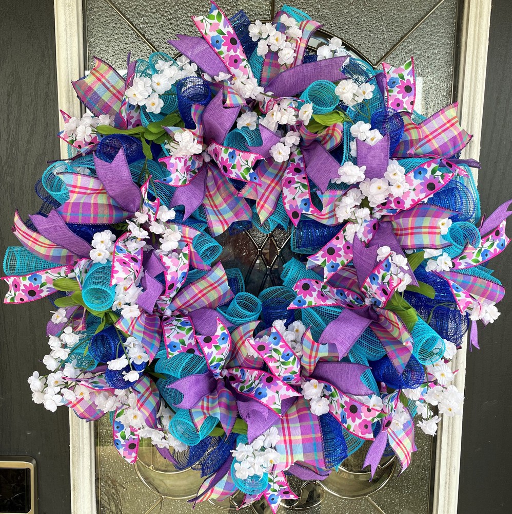 Summer Blues Purple Pink Spring Easter Deco Mesh Wreath Farmhouse Cottage Decor