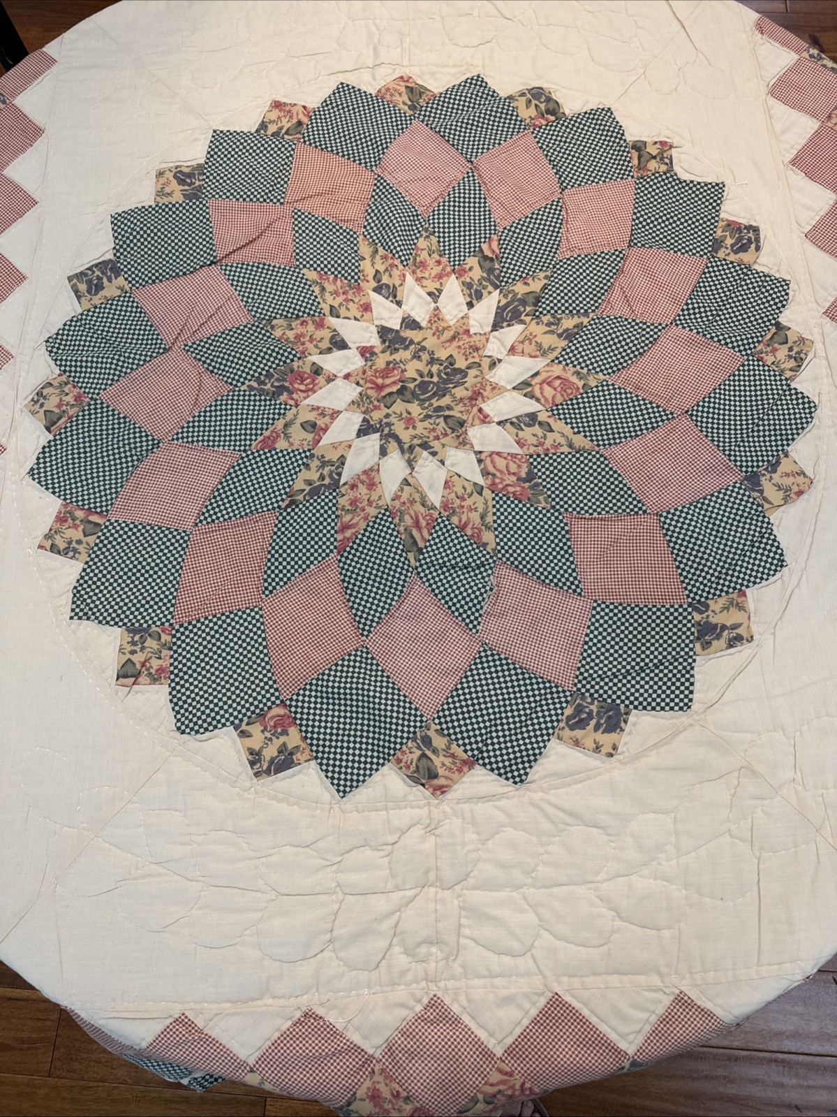 Quilted Star Tablecloth Wall Hanging Country Green Red 52x60 Hand Stitched gallery