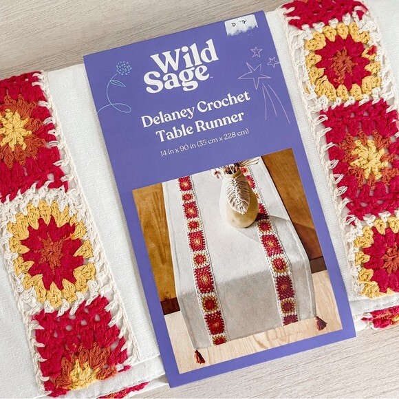 NEW Wild Sage Delaney Crochet Table Runner with Tassels 14 in x 90 in gallery