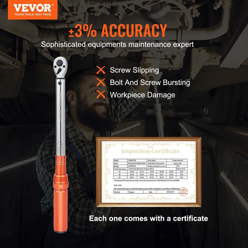 VEVOR Torque Wrench Adjustable Torque Wrench 3/8" Drive 10-80ft.lb/14-110n.m gallery