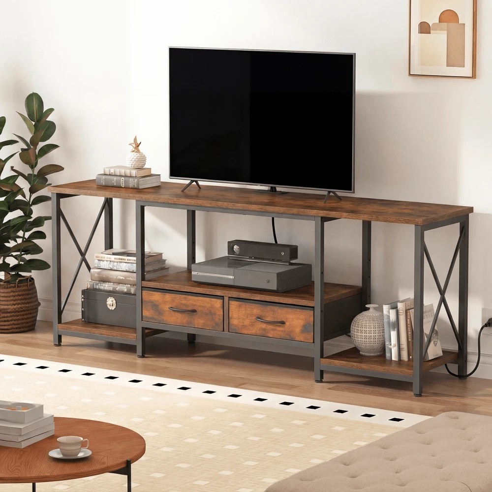 OLIXIS 47" Rustic TV Stand Media Console w/ Charging Station 2 Fabric Drawers gallery