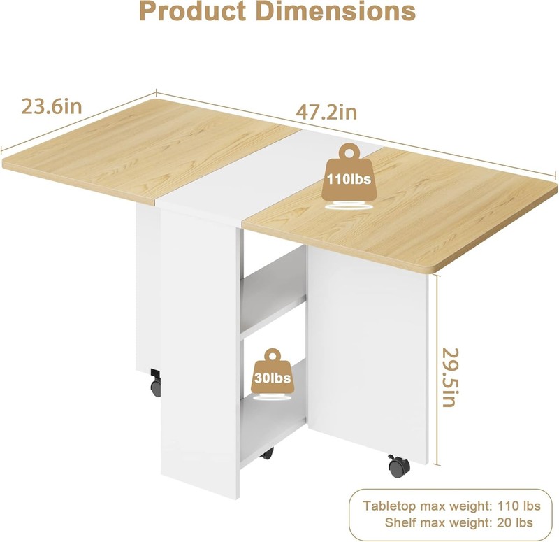 Folding Dining Table with 6 Wheels Storage Racks for Small Kitchen Saving Space gallery