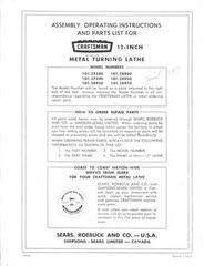 Craftsman Assembly & Operating Instructions parts list for 12 inch Metal Lathes