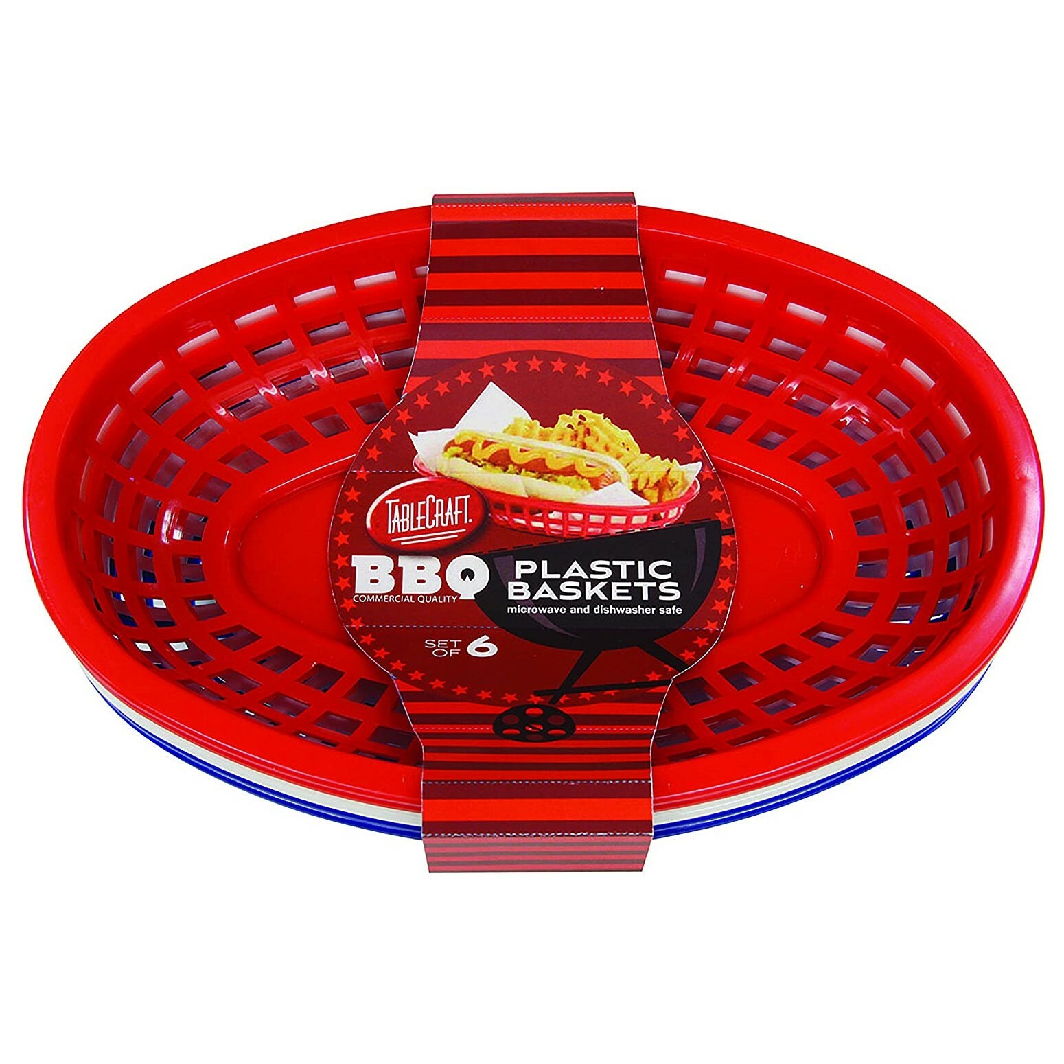 TableCraft BBQ Food & Snack Red, White & Blue Oval Serving Basket - Set of 6 gallery