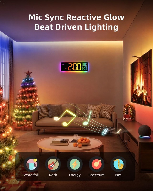 Large RGBIC Smart Digital Wall Clock, App Control, LED Display, Music Sync, DIY gallery