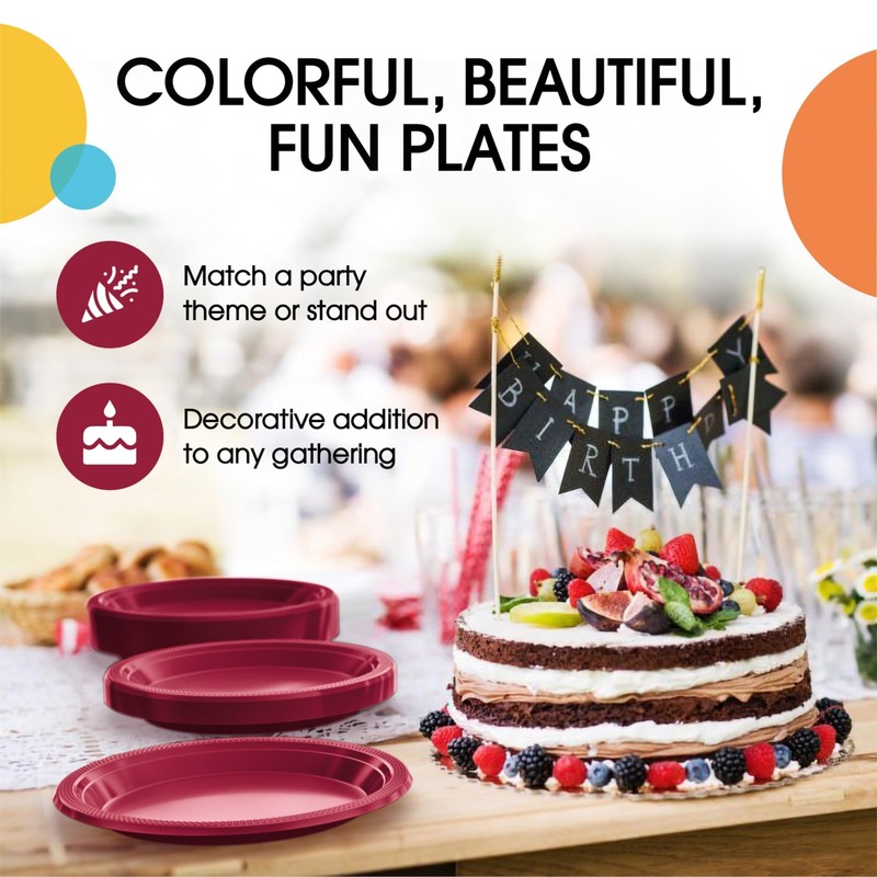 9 & 7 Inch. Dinner Plate Combo 100 Pack Burgundy Plastic Plates Disposable 507 I gallery