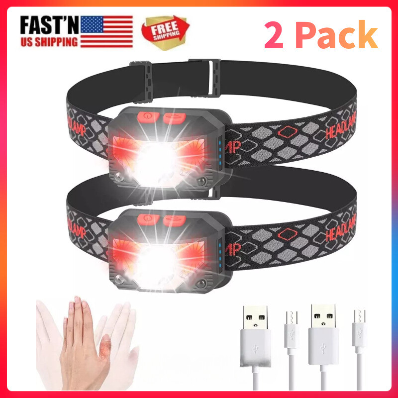 2PACK Headlamp COB LED Rechargeable Headlight Torch Work Light Bar Head Band USB gallery