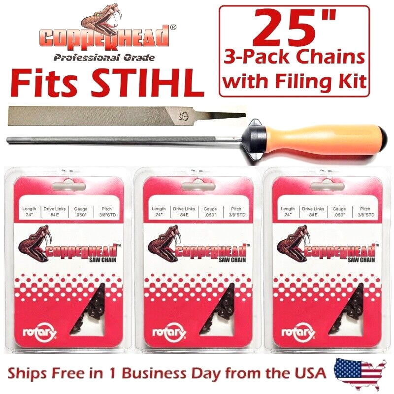 COPPERHEAD 3-Pack 25" FULL SKIP Chains & File Kit compatible with STIHL 33RSF-84 gallery