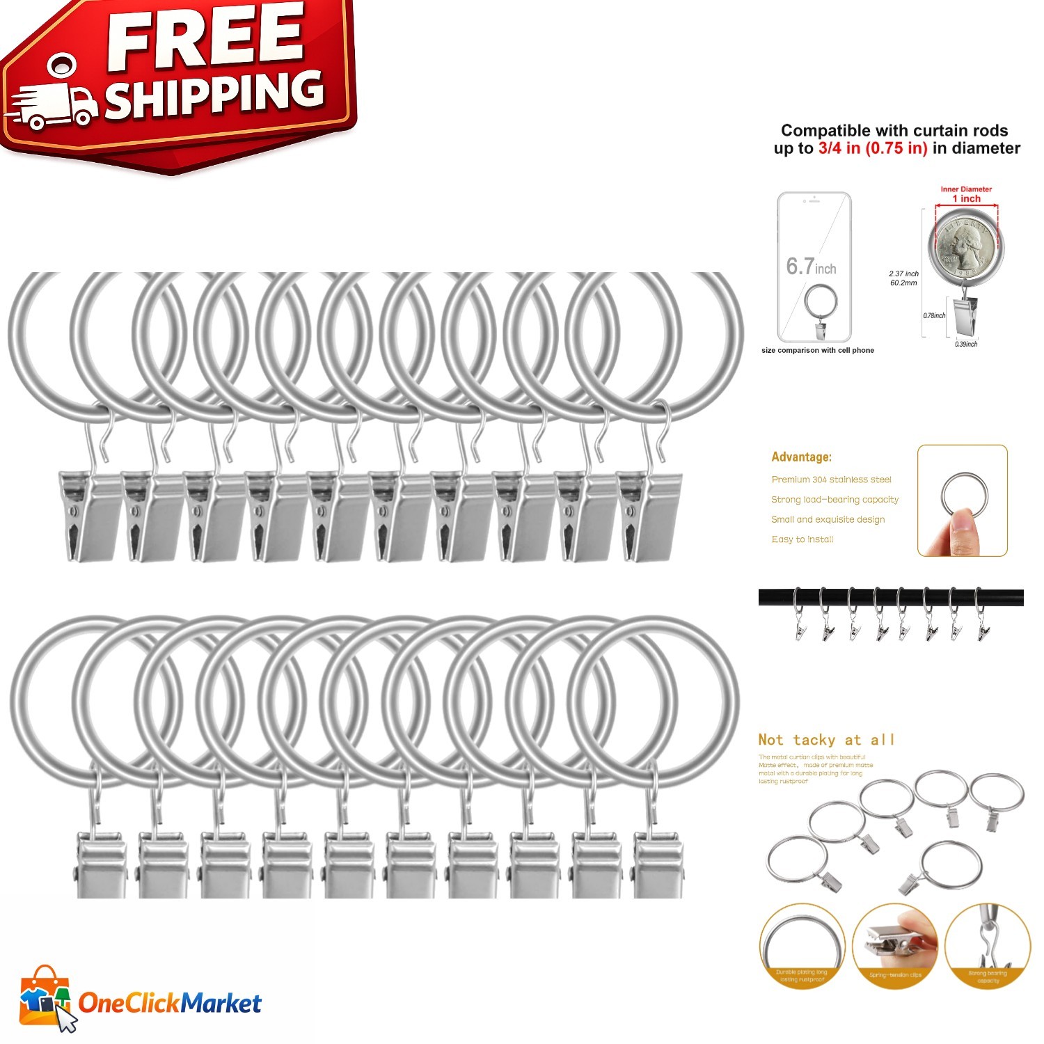 20pcs Rustproof Matte Silver Curtain Rings with Clips - 1'' Heavy-Duty Design gallery