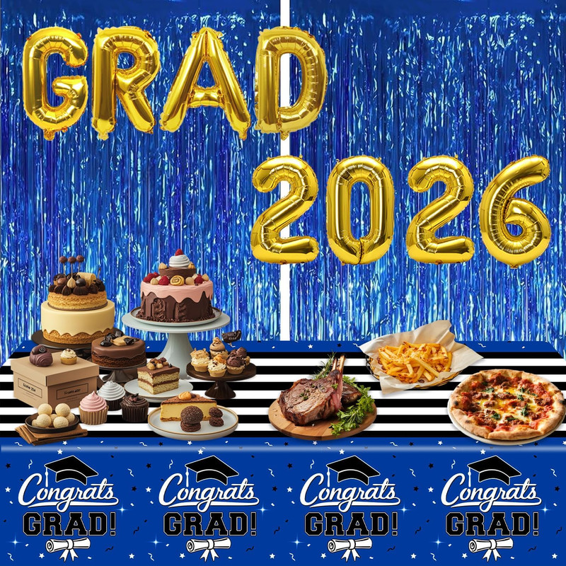 7-Pack Graduation Party Decorations Set, 3 Blue Graduation Tablecloths 54X108In, gallery