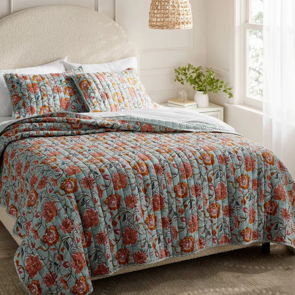 Full/Queen Earthy Vines Quilt Light Teal Blue/Mustard Yellow/Light Pink Floral gallery