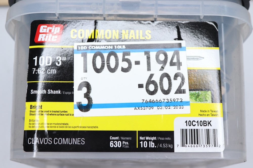 (Approx 630-Pk) Grip Rite Common Nails Smooth Shank Bright 10D x 3" 10C10BK