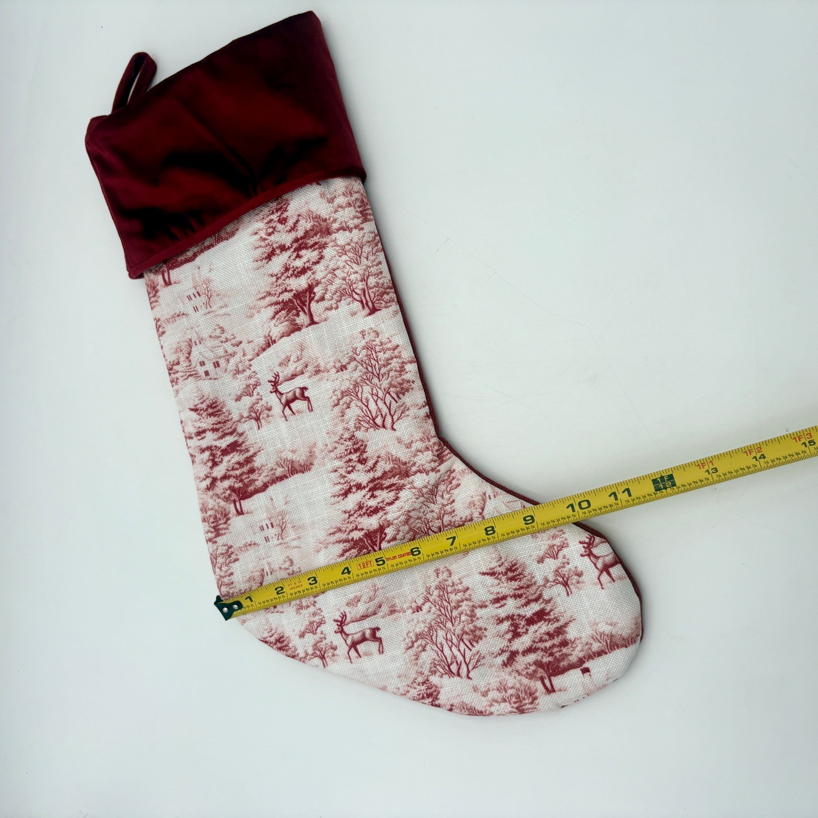 Christmas Stocking Red White Deer Trees Toile Velvet Cuff Christmas Holiday gallery