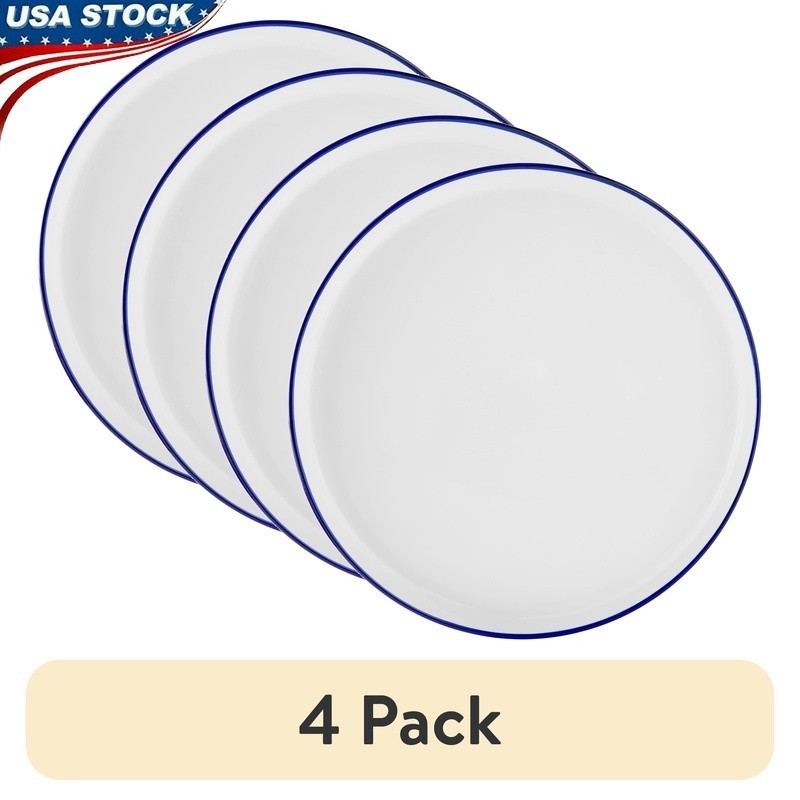 Stoneware Dinner Plate Microwave Dishwasher Safe Elegant Blue Rim 4 Pack gallery