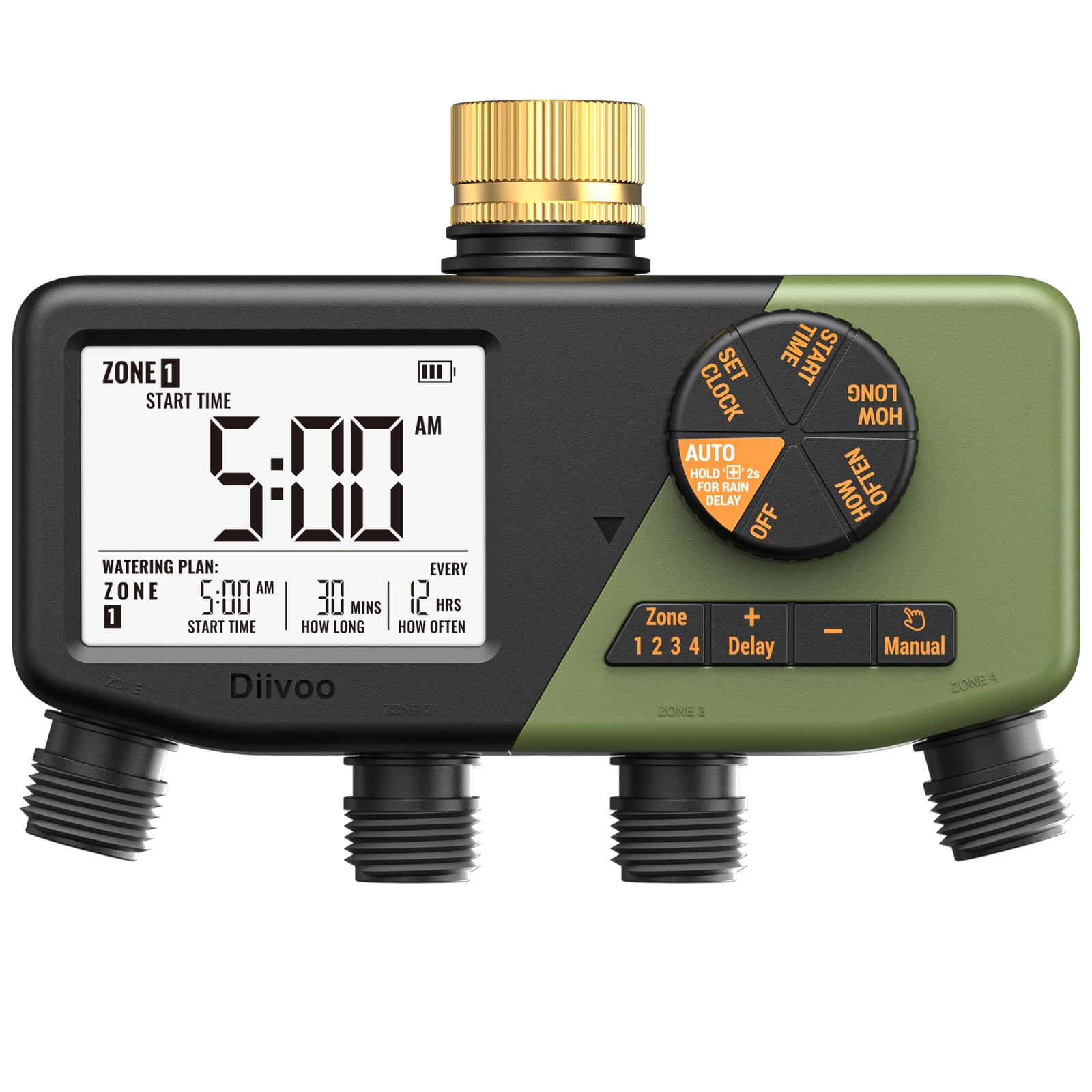 Diivoo 4 Zone Sprinkler Timer with Brass Inlet, IP68 4 Outlets, Green gallery