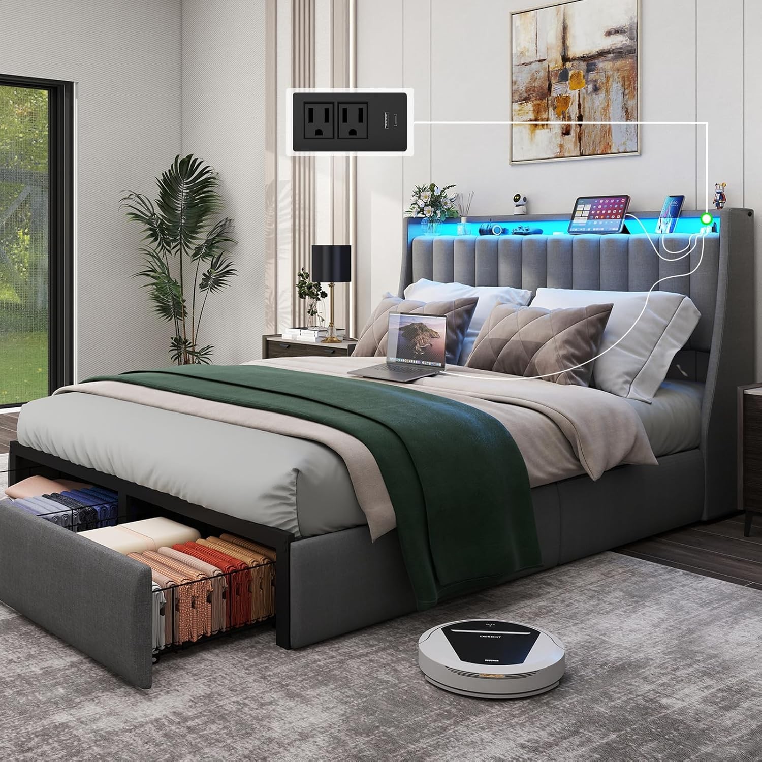 Full Queen Bed Frame with 4 Storage Drawers and Charging Station ＆ LED Lights HL gallery