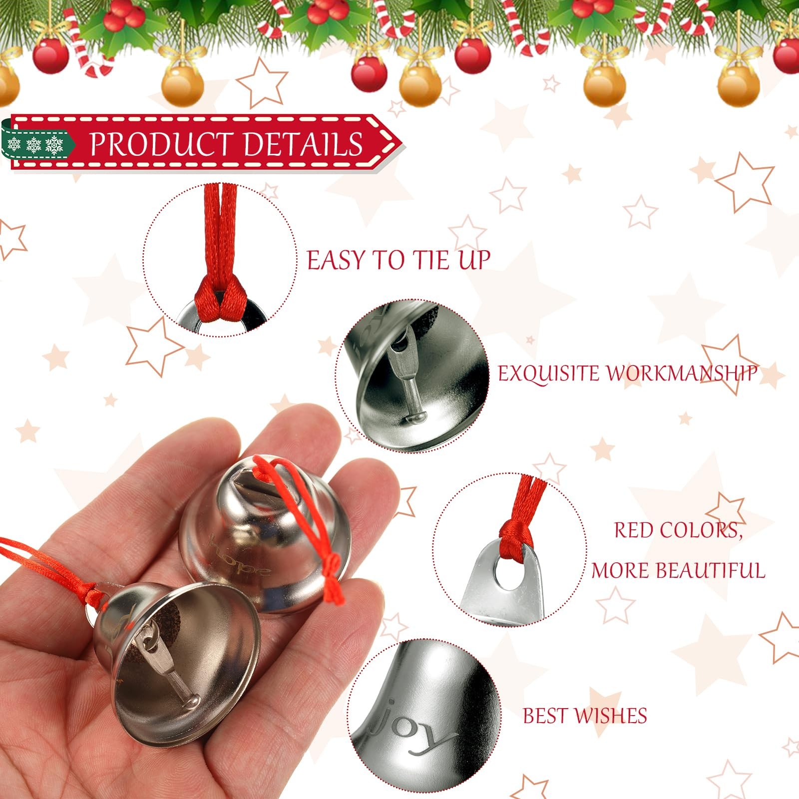Sratte 24 Pack 1.5 Inch Christmas Bells Ornament Xmas Believe Jingle Silver gallery