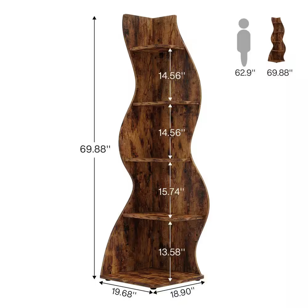 Eulas 69.8 In. Tall Brown Engineered Wood 5-Shelf Standard Bookcase Corner Sh... gallery