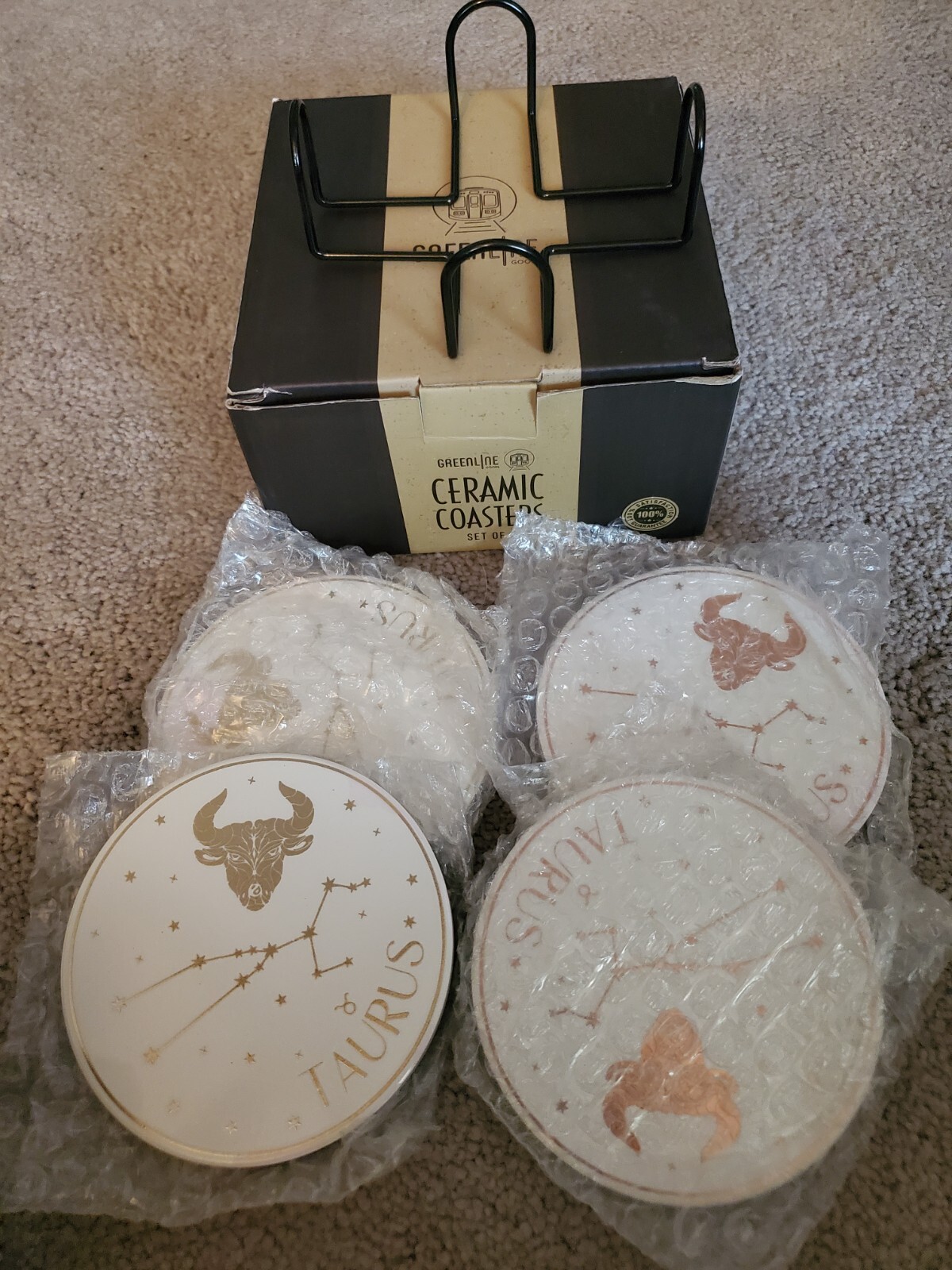 TAURUS, Zodiac, Set Of 4 Ceramic Coasters, Greenline Goods, Cream & Gold gallery