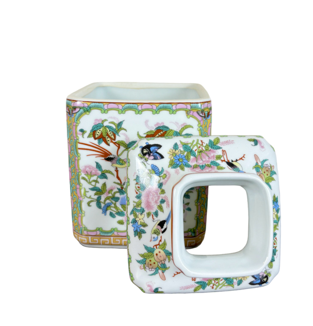 Rose Canton Chinoiserie Porcelain Tissue Box Holder Cover++ gallery