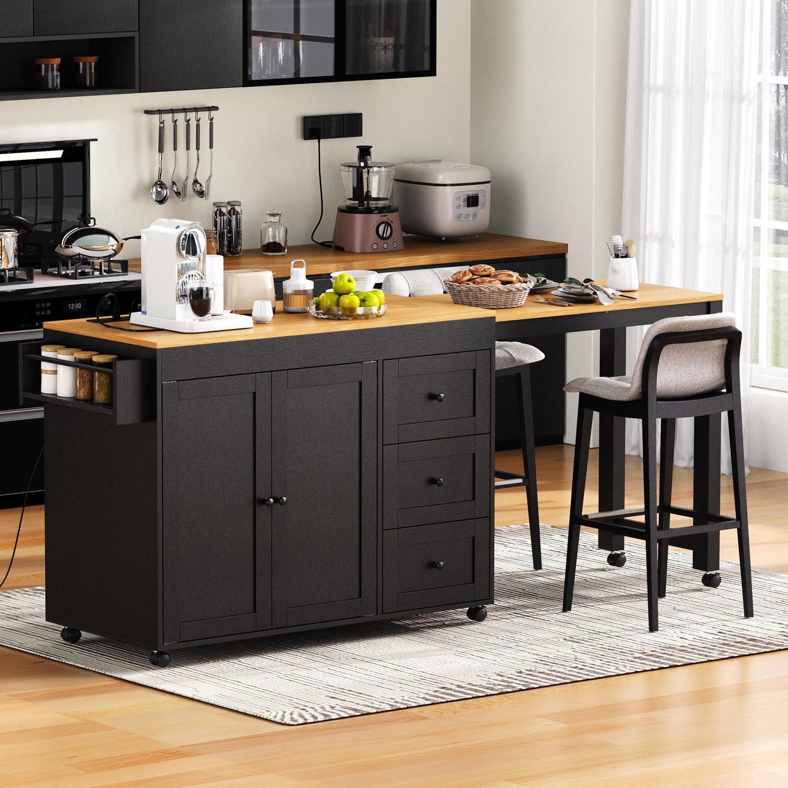 74.8 Inch Kitchen Island with Extendable Dining Table Rolling Storage Cart Power gallery