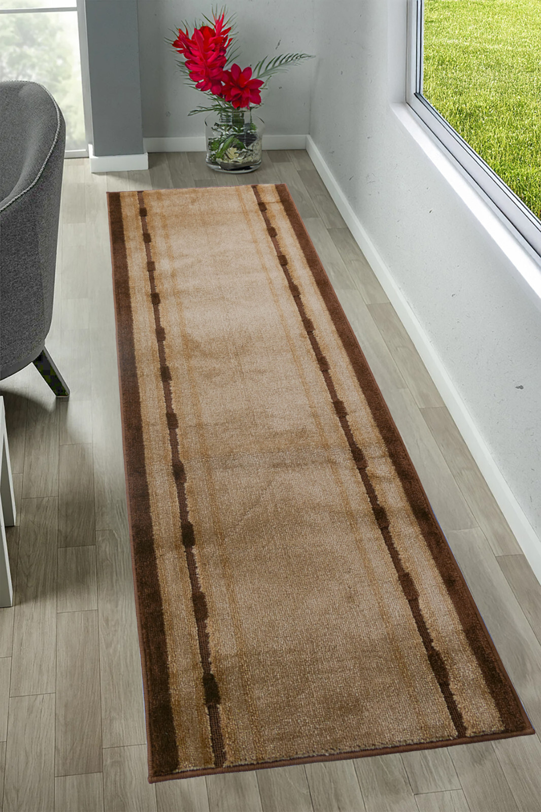 Custom Size Anti Slip Soft Pile Bordered Beige Design Runner Rug 26" Wide gallery