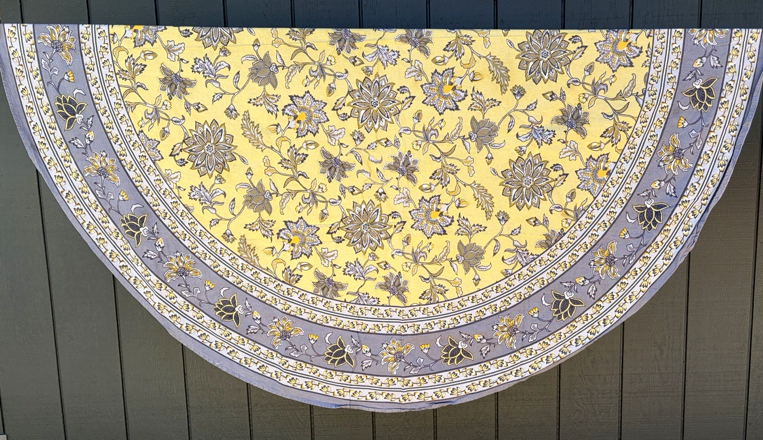 Mahogany Co. Floral Bordered Round Tablecloth 100% Cotton Yellow Gold Gray 68” gallery