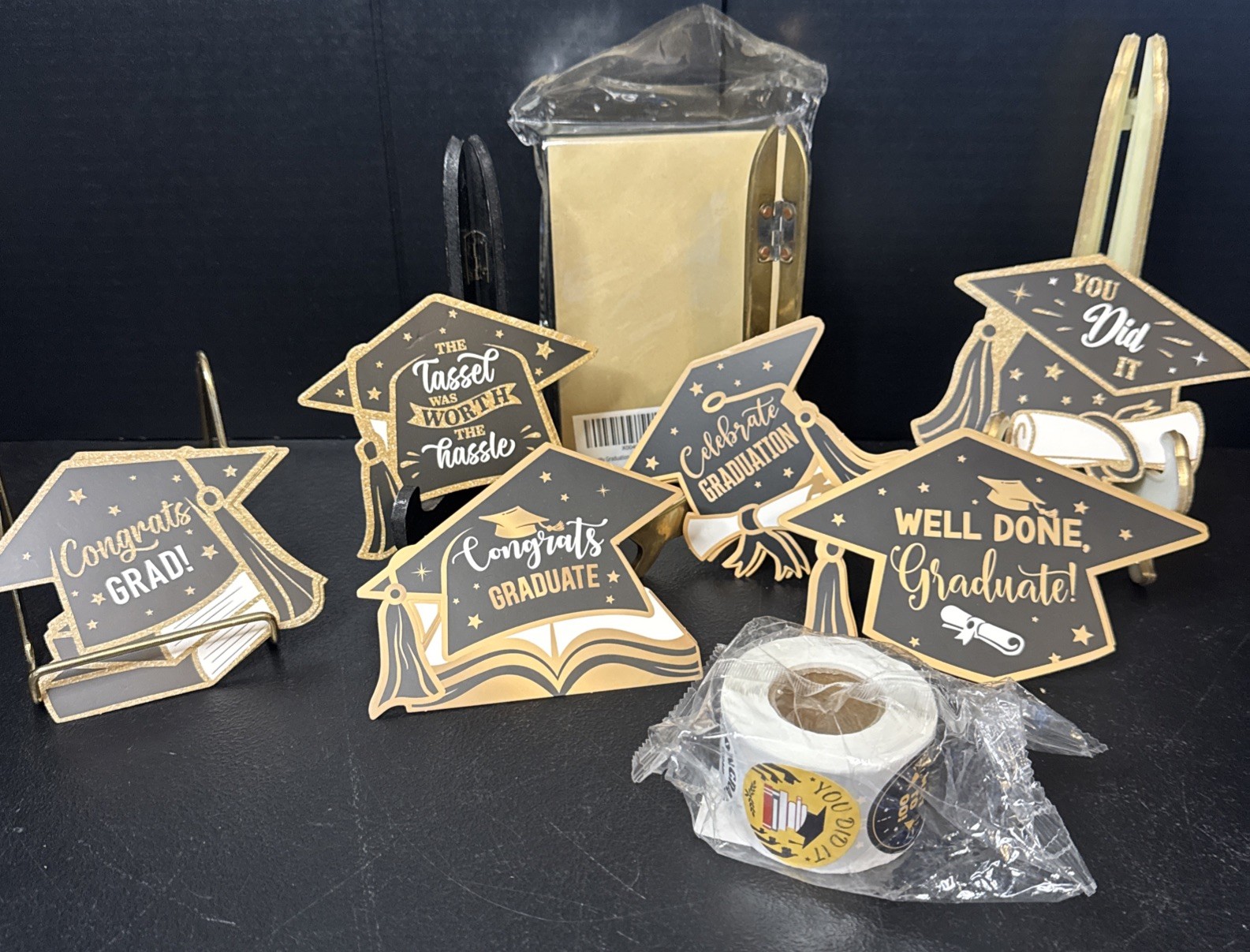 Graduation Party Pack 30 Cards & 500 Stickers Black, Gol, White. Open Box gallery