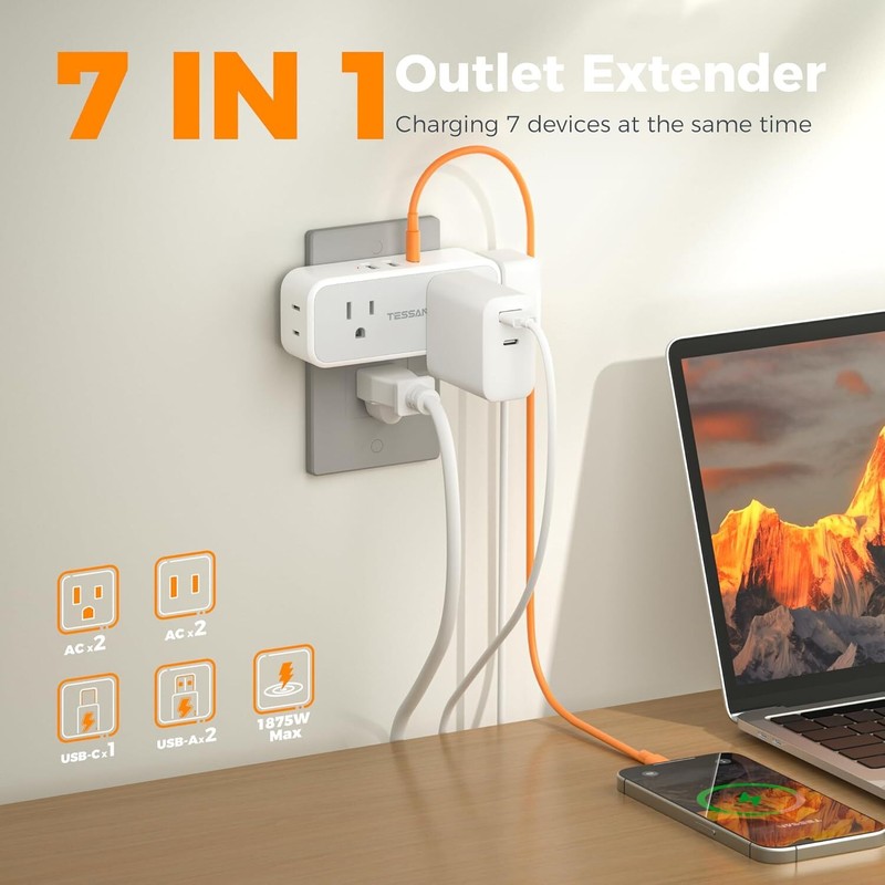 Surge Protector Wall Expander with 4 Outlets 3 USB Port(1 USB C) for Home Office gallery