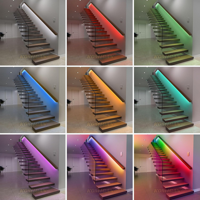 Motion Sensor RGB LED Stair Light Kit 16.4FT Cuttable Indoor Handrail Strip gallery