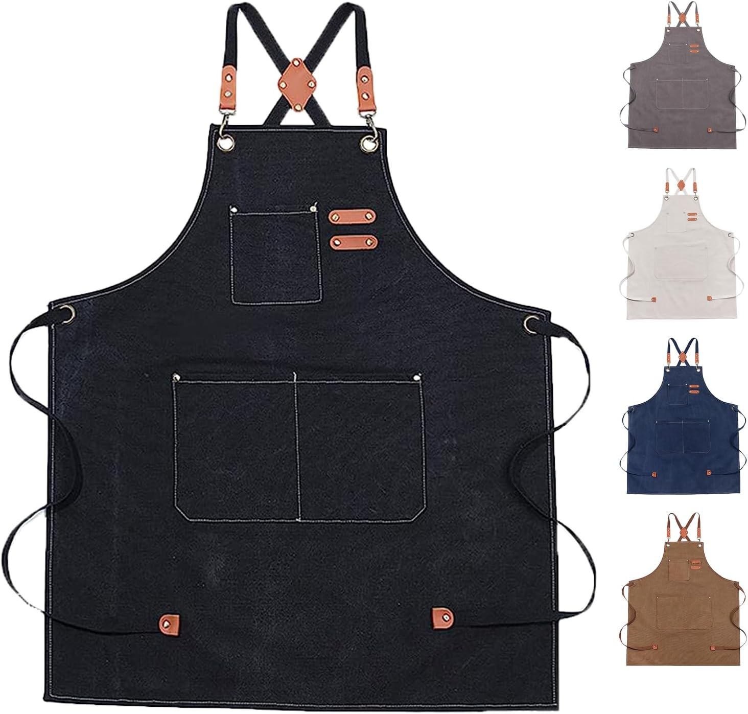 1 pc Thick Waterproof Canvas Apron with Pockets Adjustable Crossback Design gallery