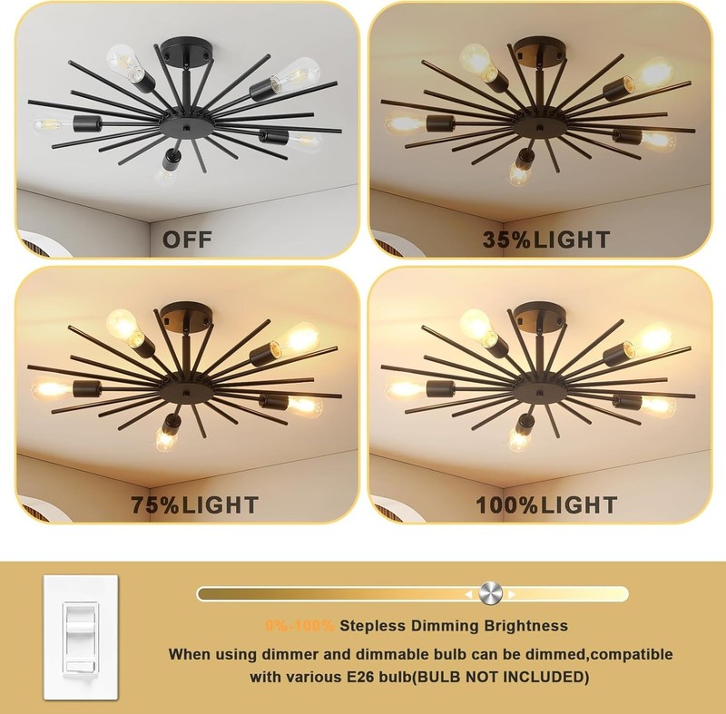 Black Semi Flush Mount Ceiling Light, 27.5 Inch 5-Light Large Sputnik Flush M... gallery