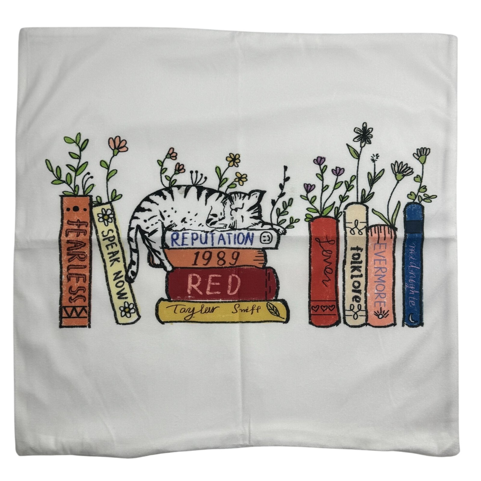 Cat Napping On Books - Throw Pillow Cover 18"x18" White w/ Floral Design gallery