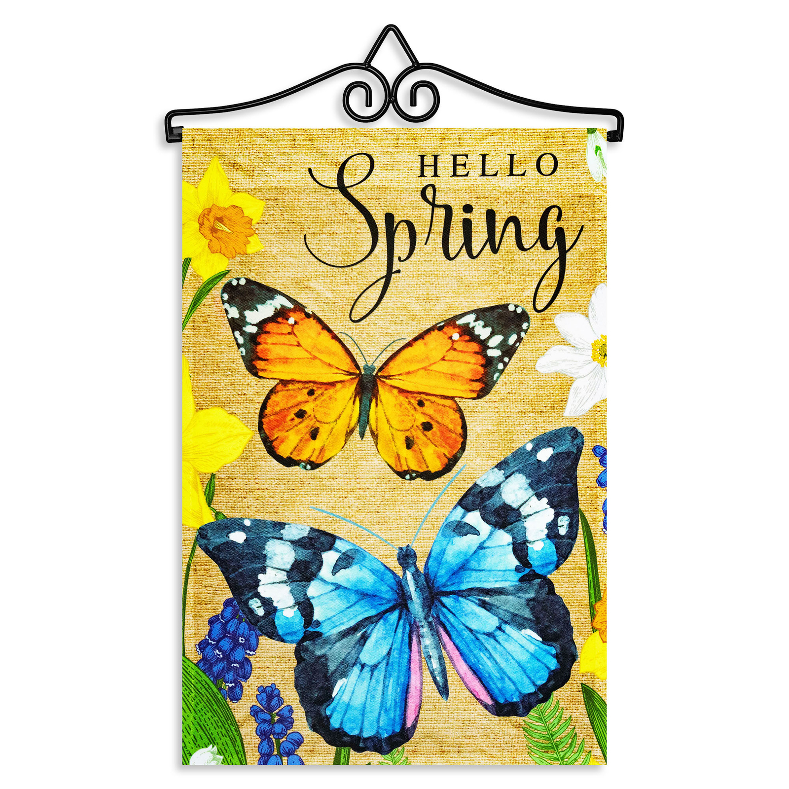 Garden Flag Hello Spring Butterflies Flowers 12x18IN & Hanger 14IN Printed Poly gallery