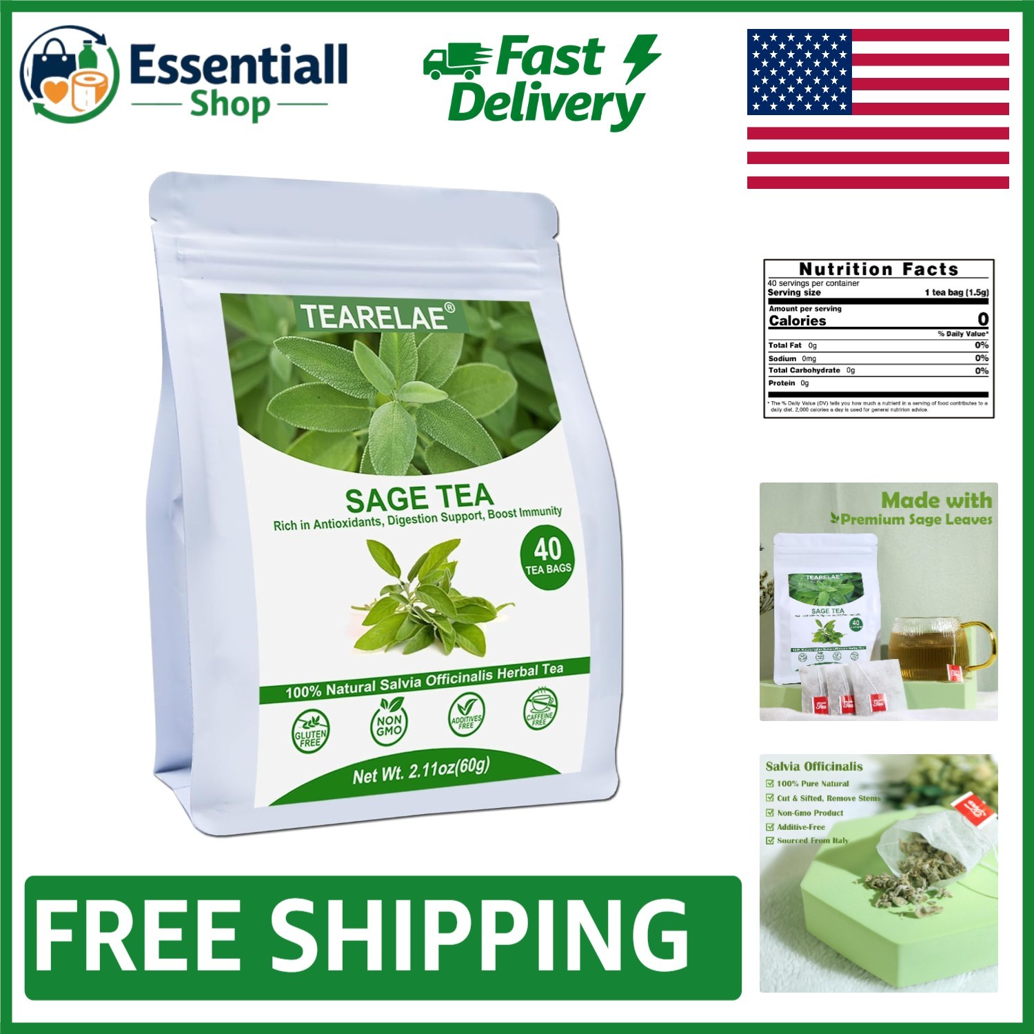 Sage Leaf Tea Bags - 40 Count - Revitalize Your Day with Natural Herbal Essence gallery
