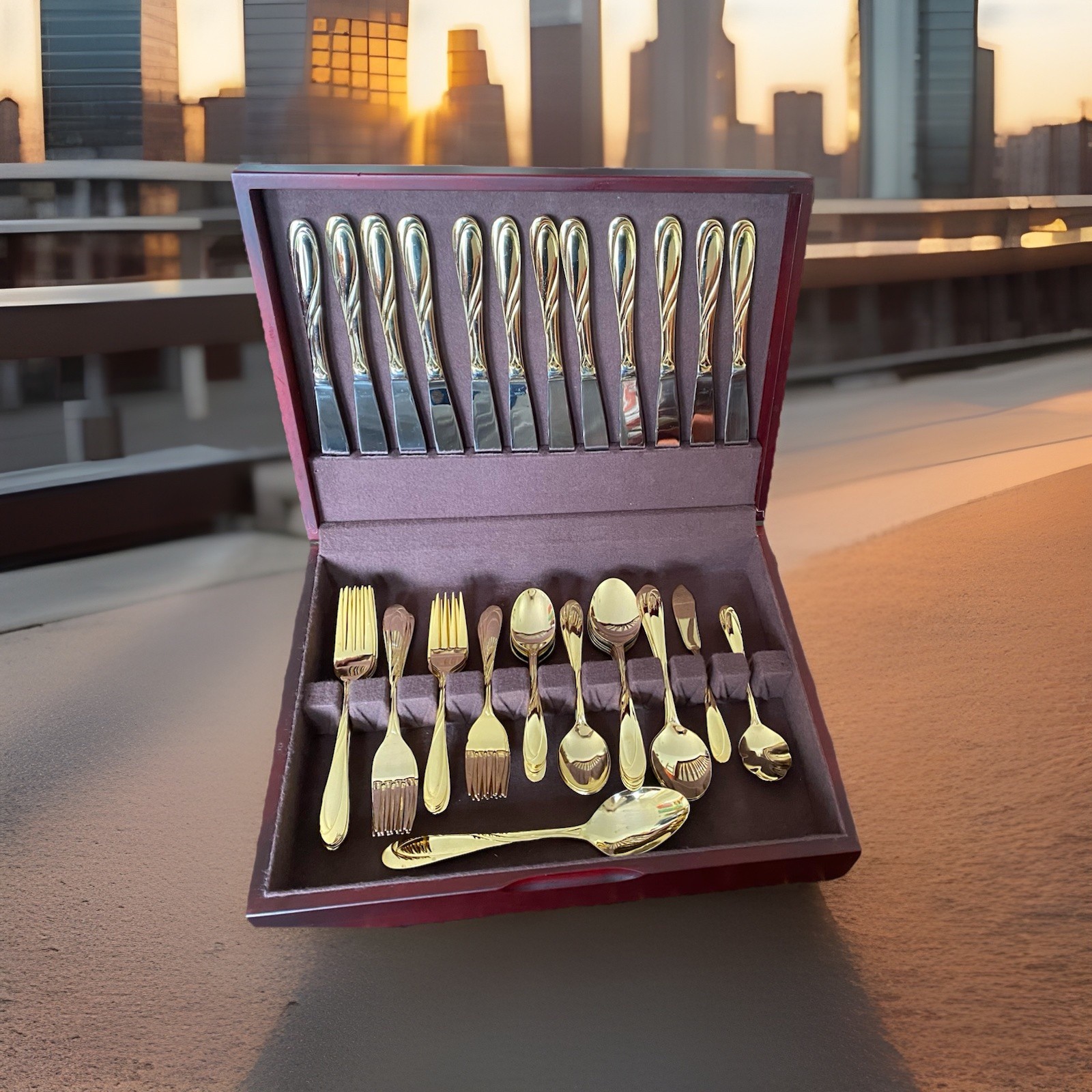 Farberware BREEZE GOLD Pattern Gold Electroplate 62 PC Flatware Set w/ Box gallery