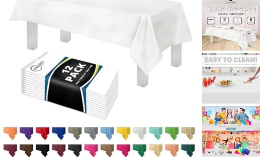 12 Pack Premium Disposable Plastic Tablecloth 54in. x 108in. Rectangle White gallery