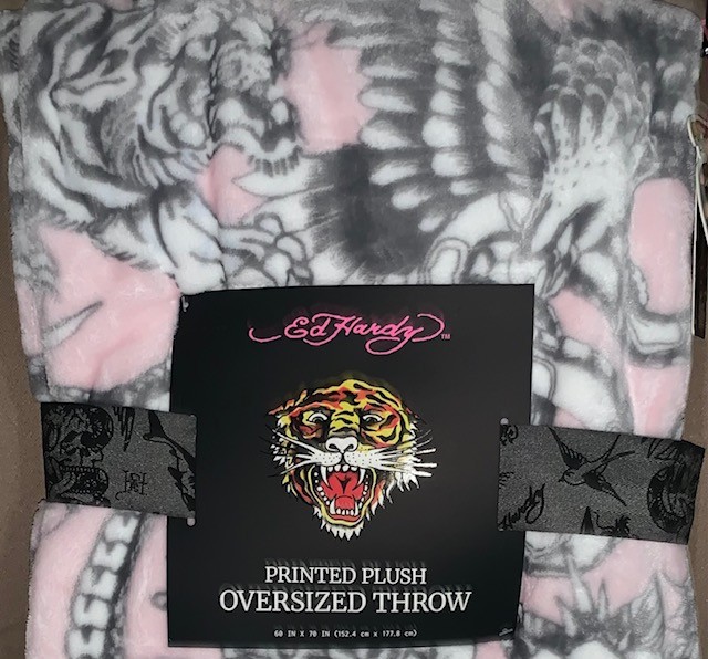 Ed Hardy Oversized Plush Throw Blanket Pink w/Tigers,Skulls,Cobras,Eagles 60x70" gallery