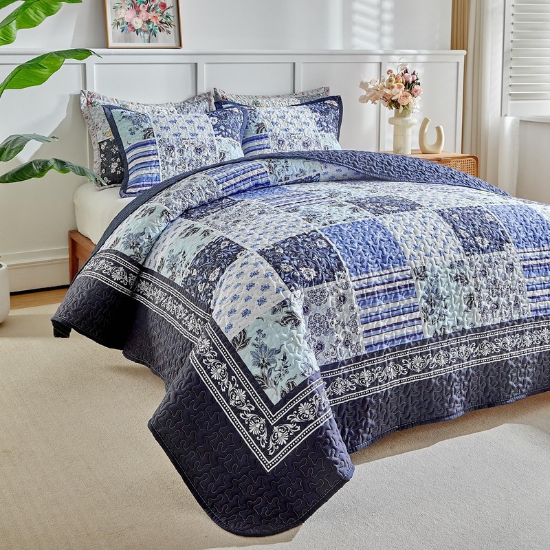 Patchwork Quilt Set Queen Size,3 Pieces Navy Blue White Floral Plaid Reversib... gallery
