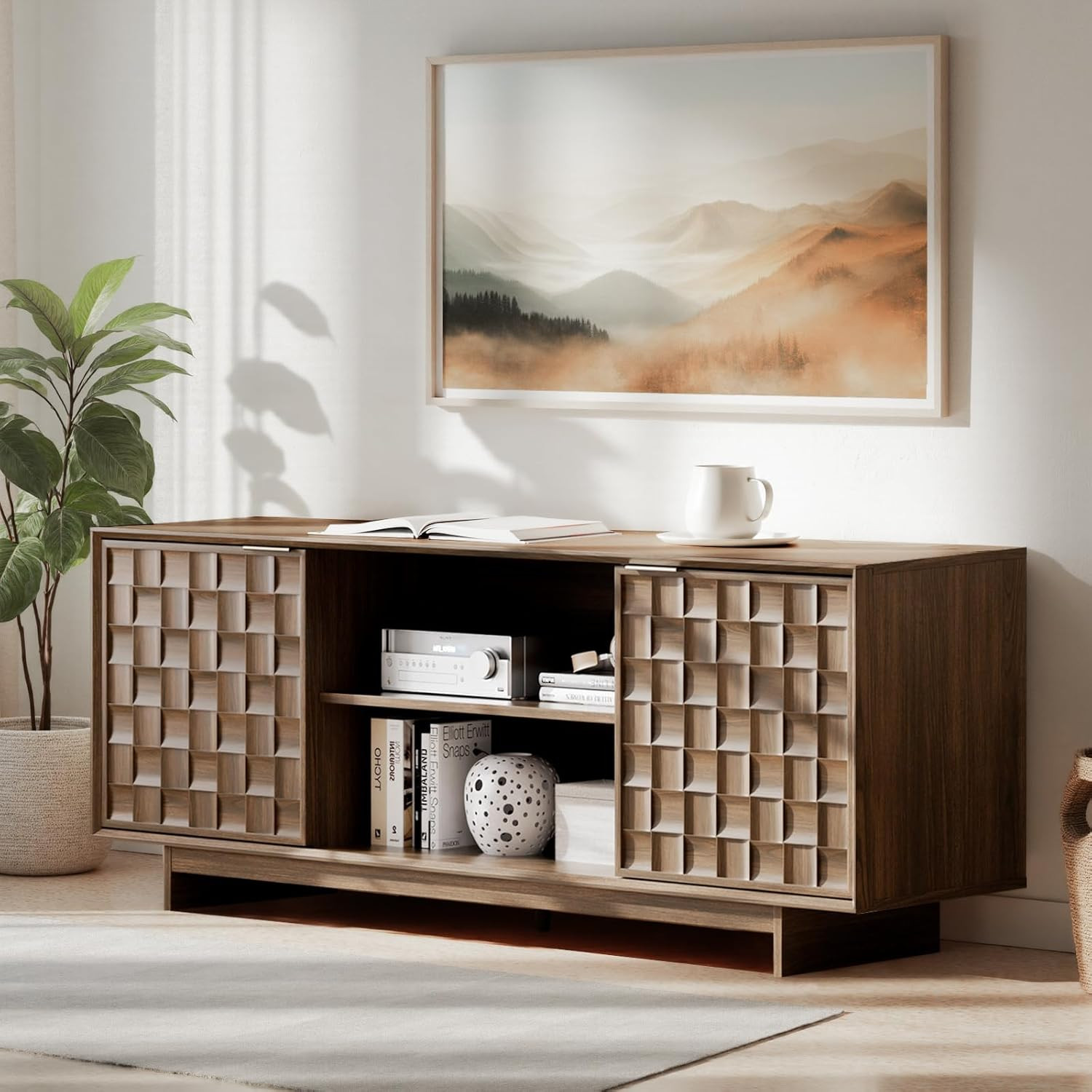 59in Walnut TV Stand Mid Century Modern w/ 2 Doors Adjustable Shelves gallery