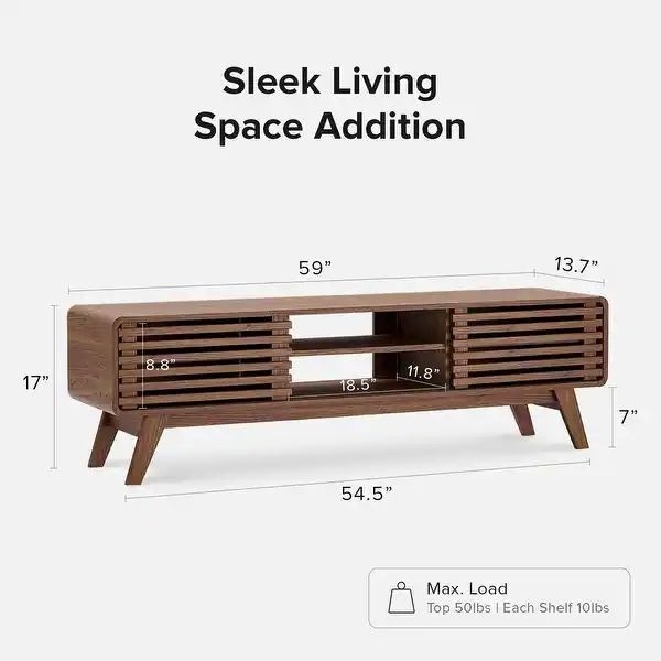 59in Oak Finished TV Stand with Slatted Doors Mid Century Modern gallery