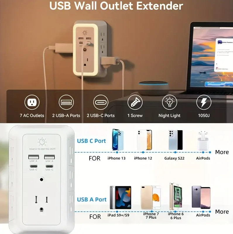 2 Pack Wall Outlet Surge Protector with 7 AC Outlets, 4 USB Ports & Night Light gallery