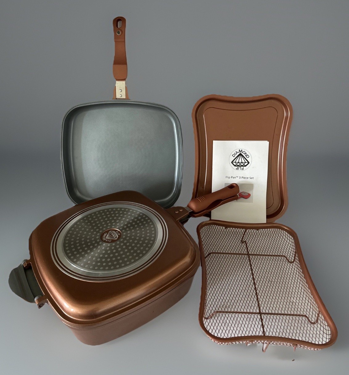 Diamond Flip Pan Cast Aluminum Nonstick Flip 3 Piece Set Tray And Basket Copper gallery