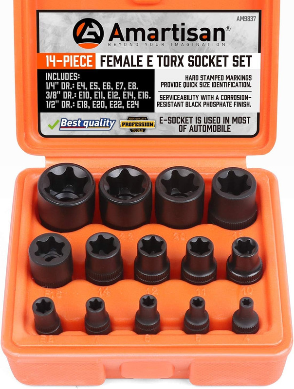 14 Pc Female E-Torx Star Socket Set/Rail, 1/4" 3/8" 1/2" Drive, E24 Socket Set gallery