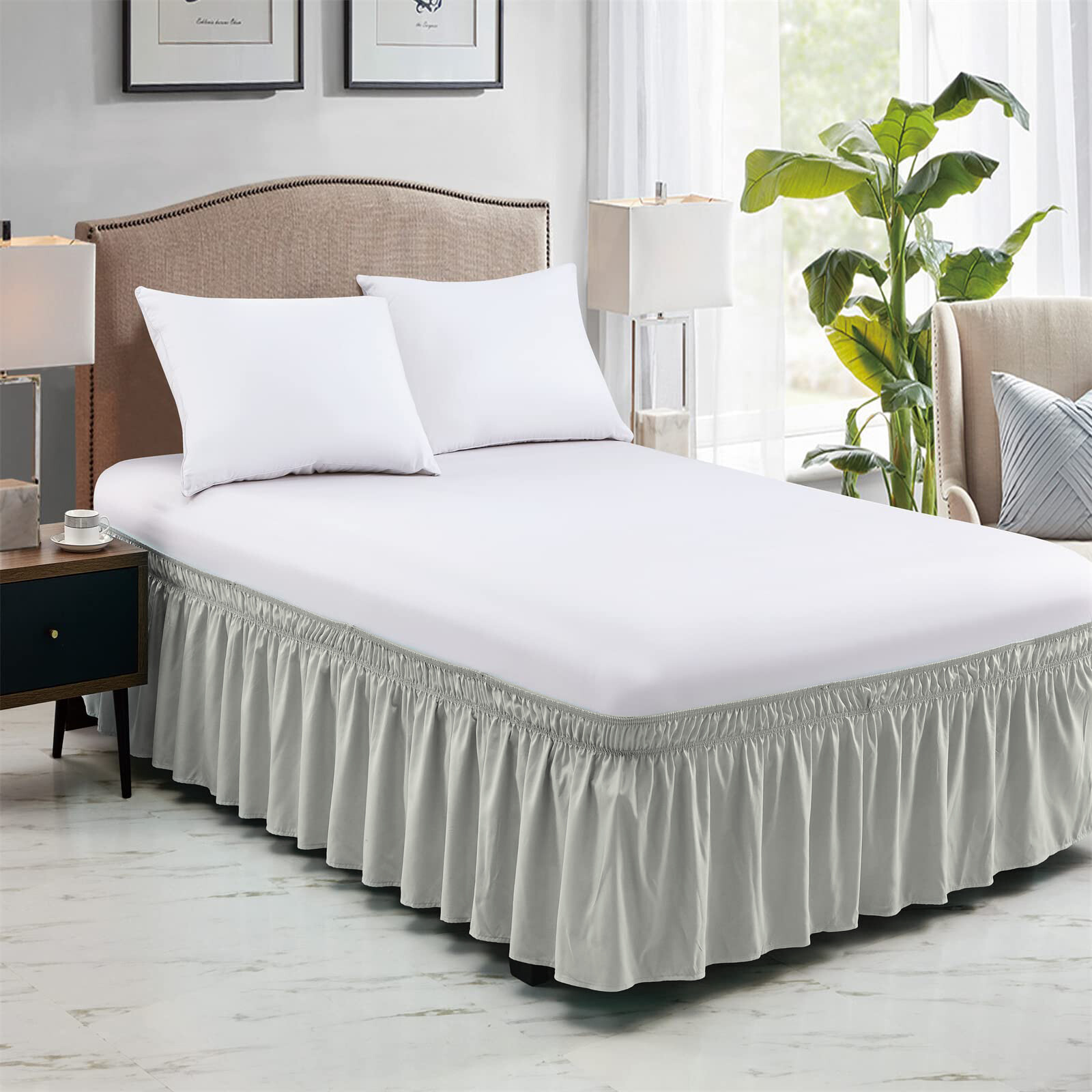 Elastic Dust Bed Ruffled Skirt Wrap Ruffle Around Bed Dressing Easy Fit 15"Drop gallery