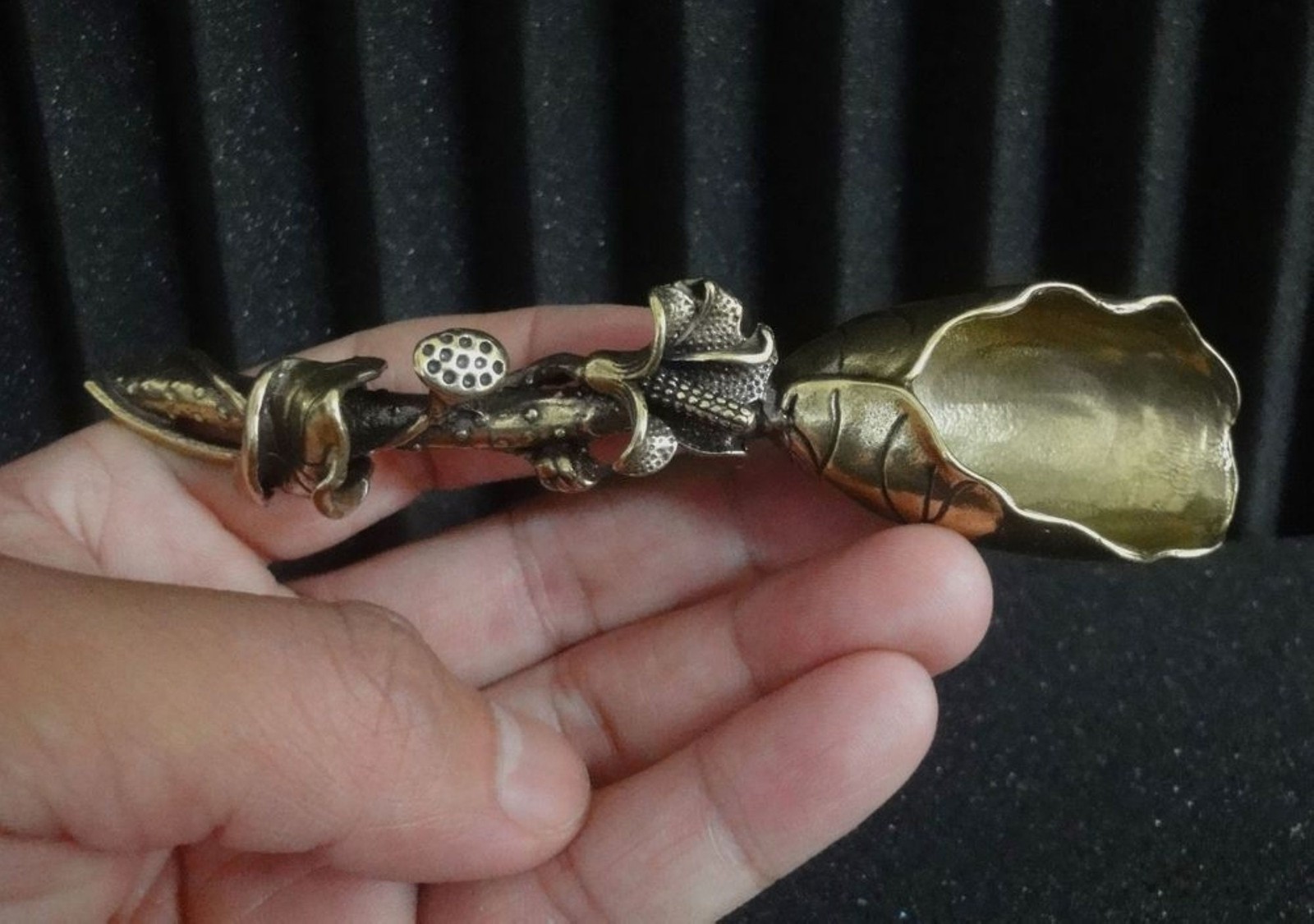 Vintage Style Solid Brass Copper Lotus Flower Statue Shovel Spoon Tea Tool gallery