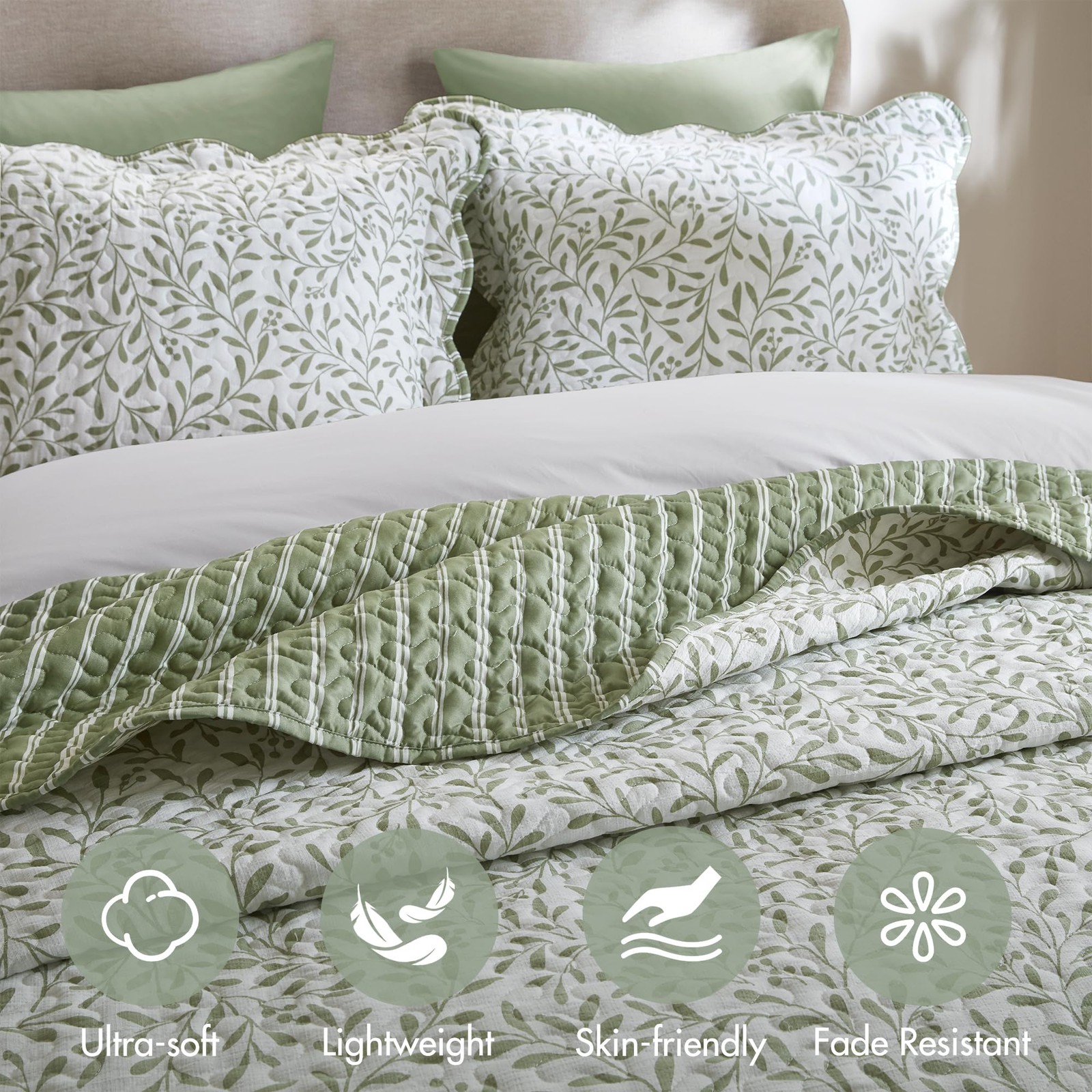 Quilt Set 3 Piece Reversible Botanical Print Scalloped Queen Market Green Park gallery