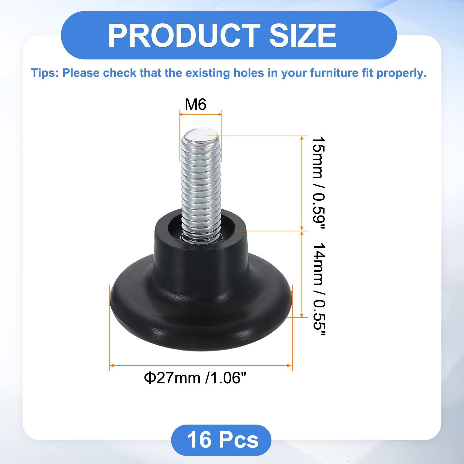 16Pcs M6 Thread Furniture Feet Levelers, 27x15 Adjustable Leveling Screw, Black gallery