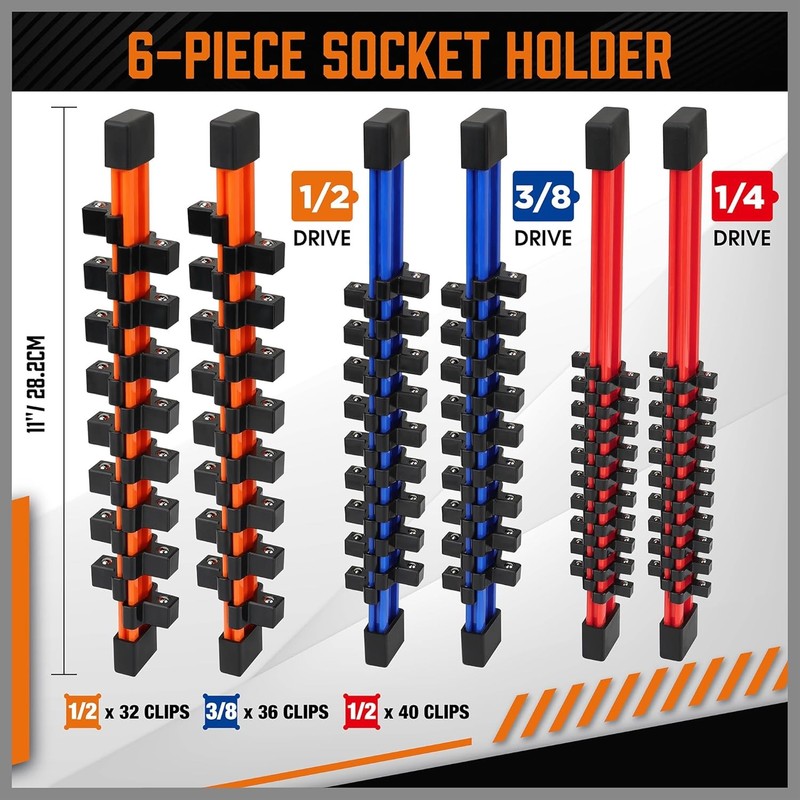 6PC Double Sided Socket Holder Organizer 1/4 3/8 1/2 Driver Shallow Deep Socket gallery