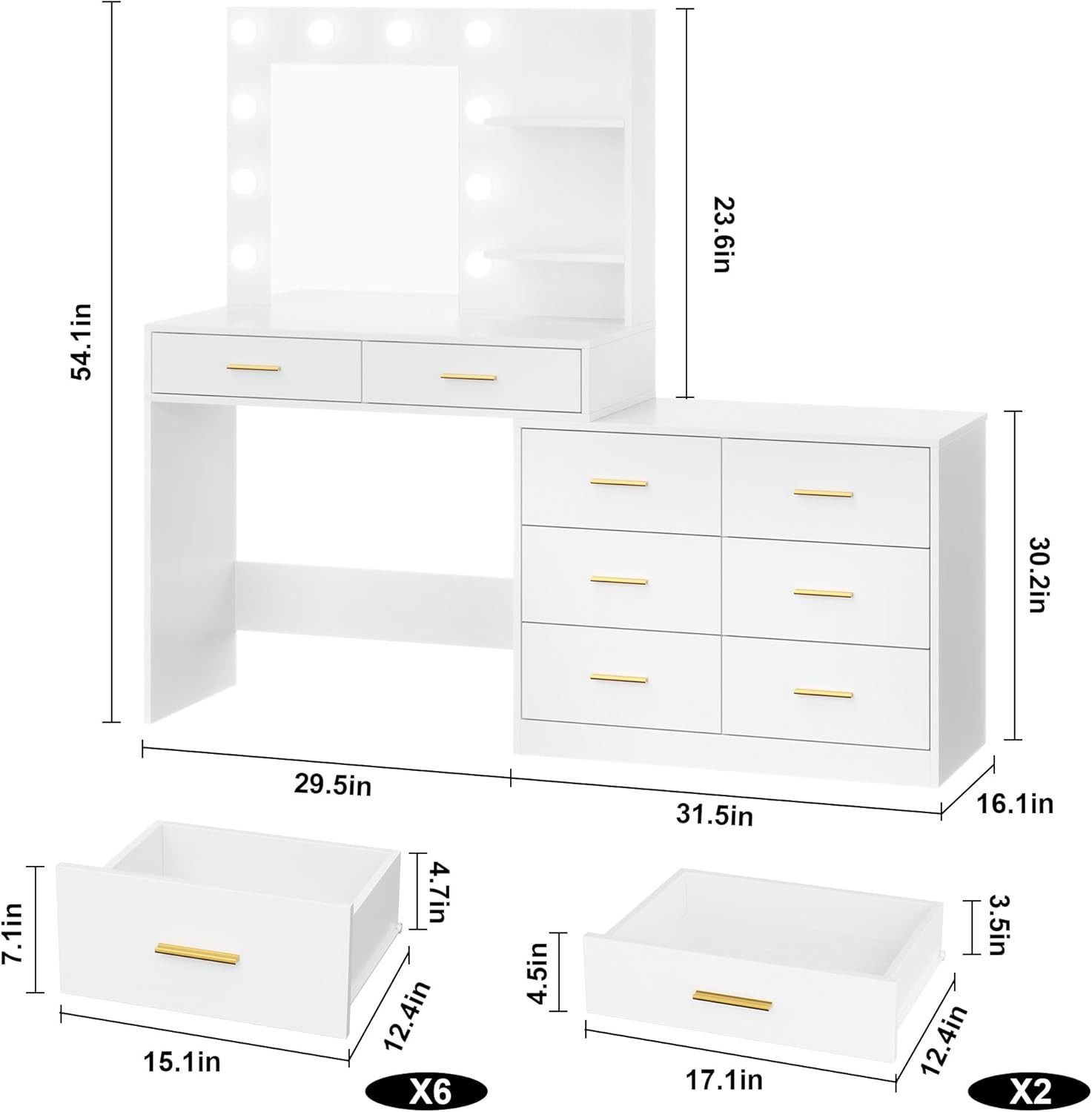 61" Makeup Vanity Desk with Mirror, Lights & 8 Storage Drawers gallery